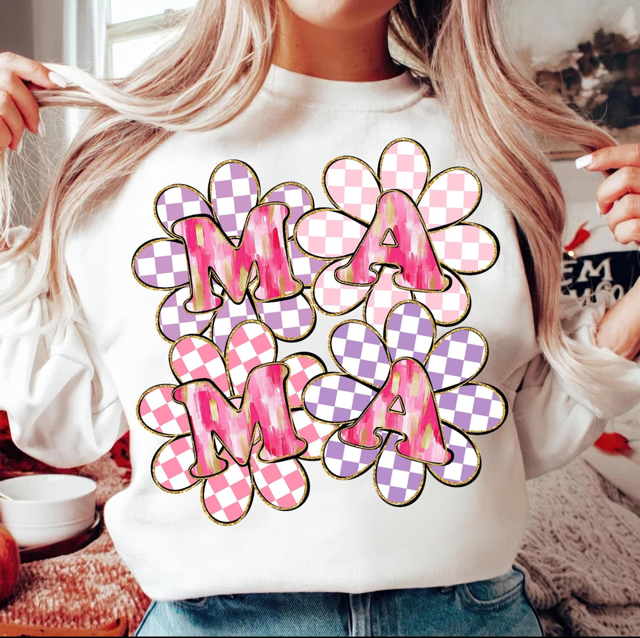 CHECKERED DAISY MAMA DTF TRANSFER