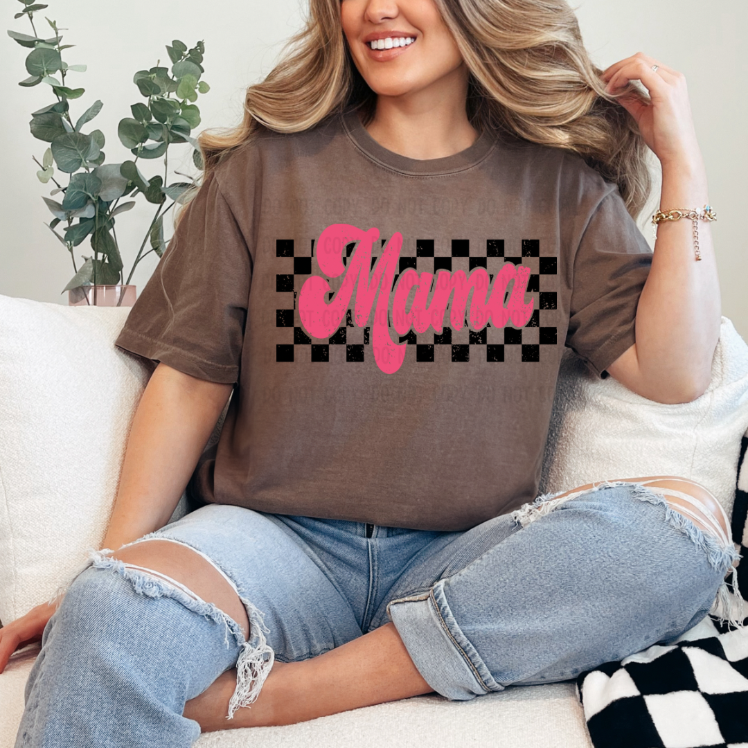 Checkered mama pink dtf transfer