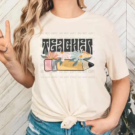 teacher pencil floral dtf transfer