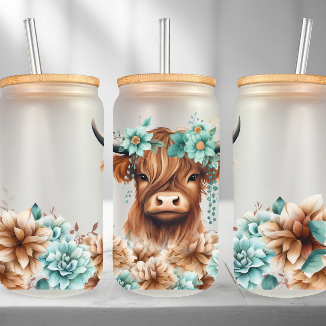 Highland cow turquoise uv dtf wrap (RTS)